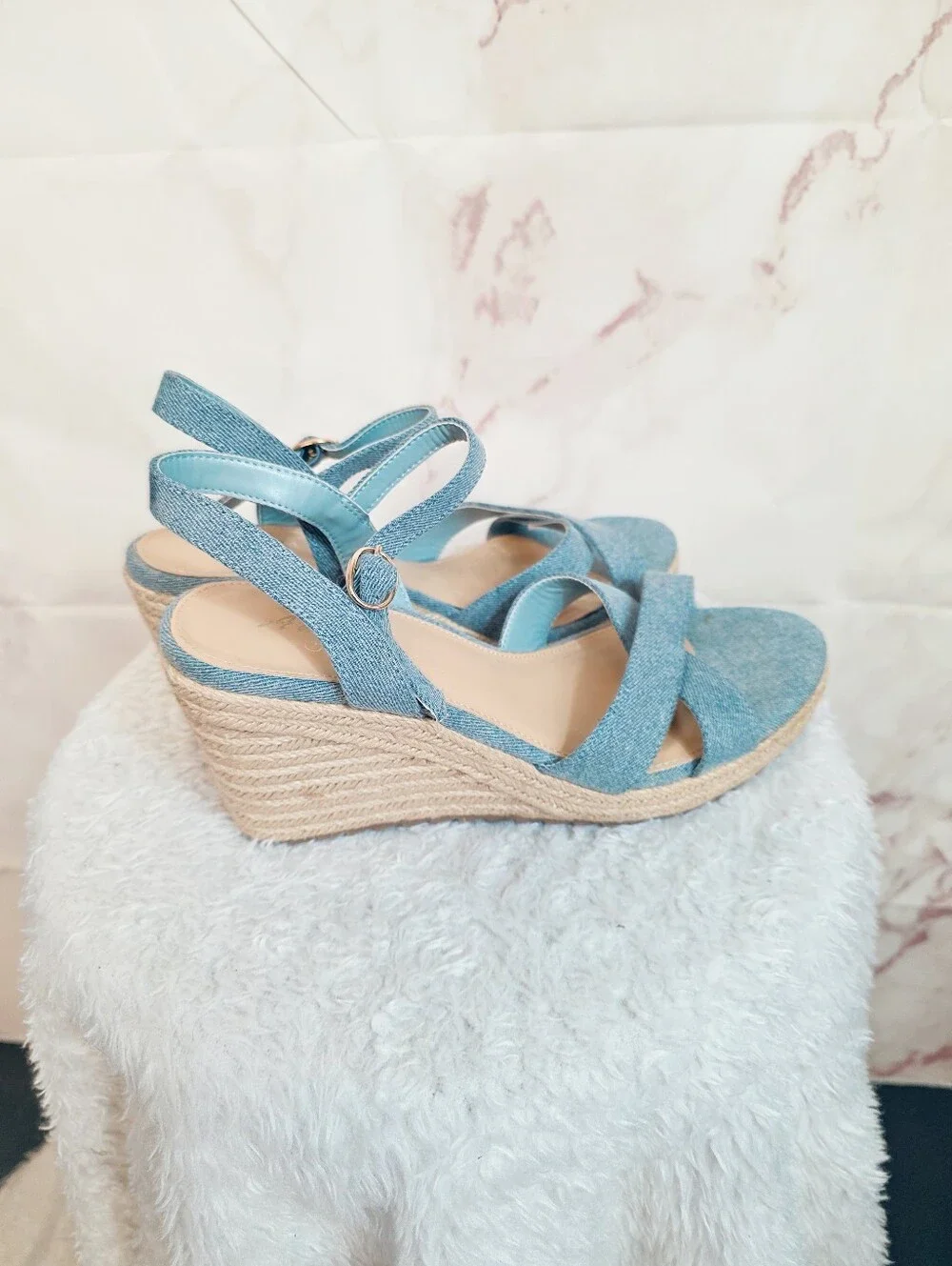 Ankis Blue Denim Espadrille Wedge Sandals Size 9 Ankle Strap Summer